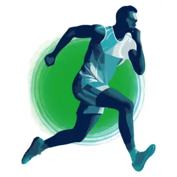 녹색 원 앞을 힘차게 달리는 파란색 실루엣 인물 로고
