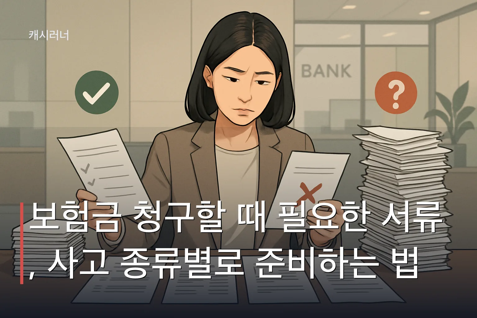 한국 여성이 책상에서 실손보험 청구 서류를 정리하며 필요한 서류와 부족한 부분을 확인하는 모습