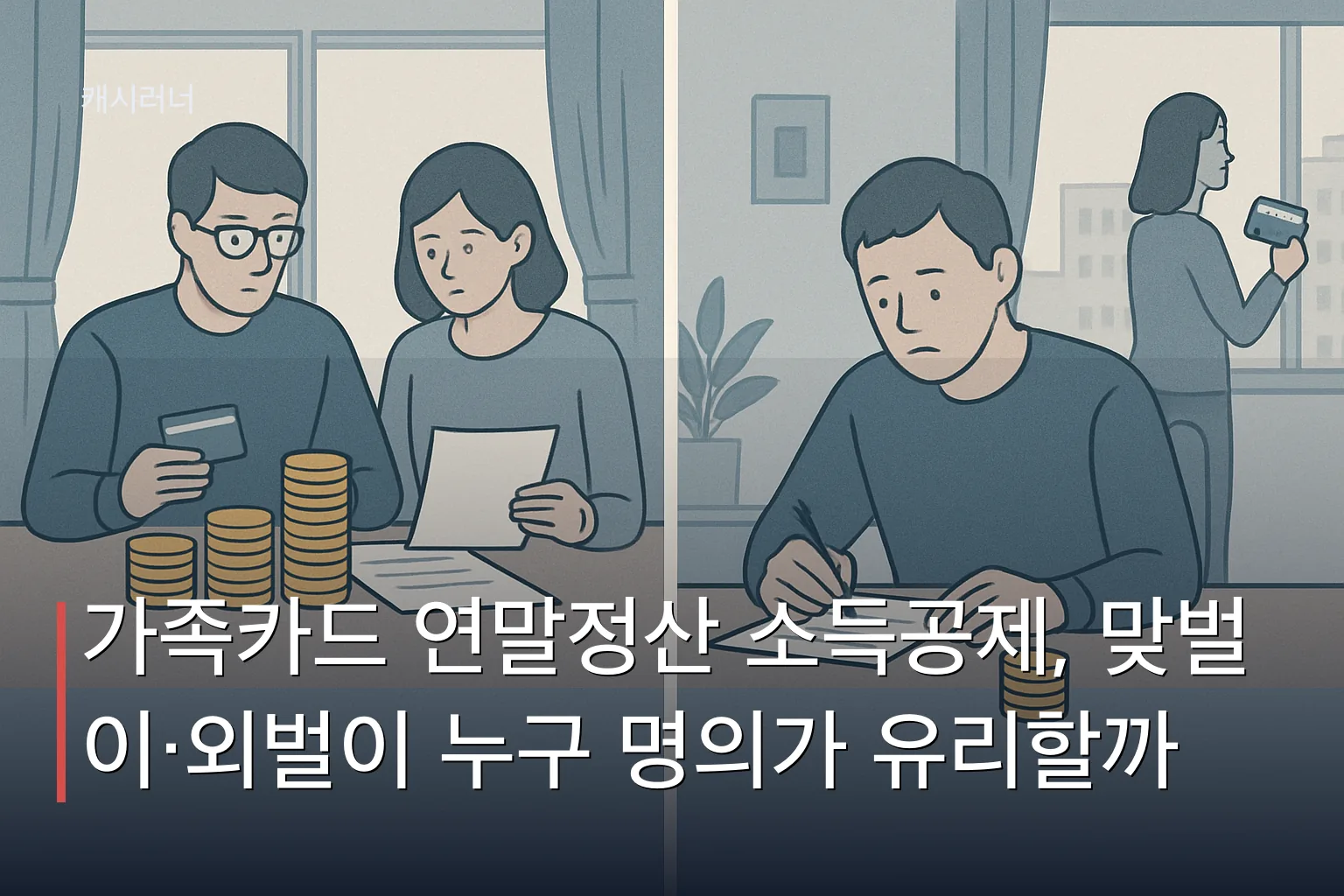 가족카드 연말정산에서 카드 명의자의 소득 유무에 따라 공제 대상이 달라지는 맞벌이와 외벌이 가구의 차이를 보여주는 비교 이미지