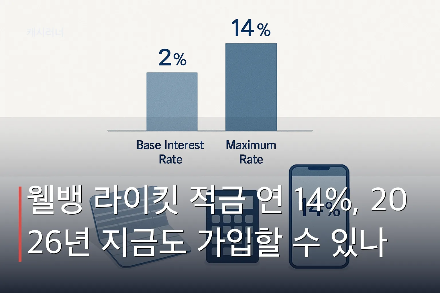 웰뱅 라이킷 적금의 기본금리 2%와 최고 우대금리 14% 차이를 막대 높이로 시각화한 은행 적금 상품 비교 이미지