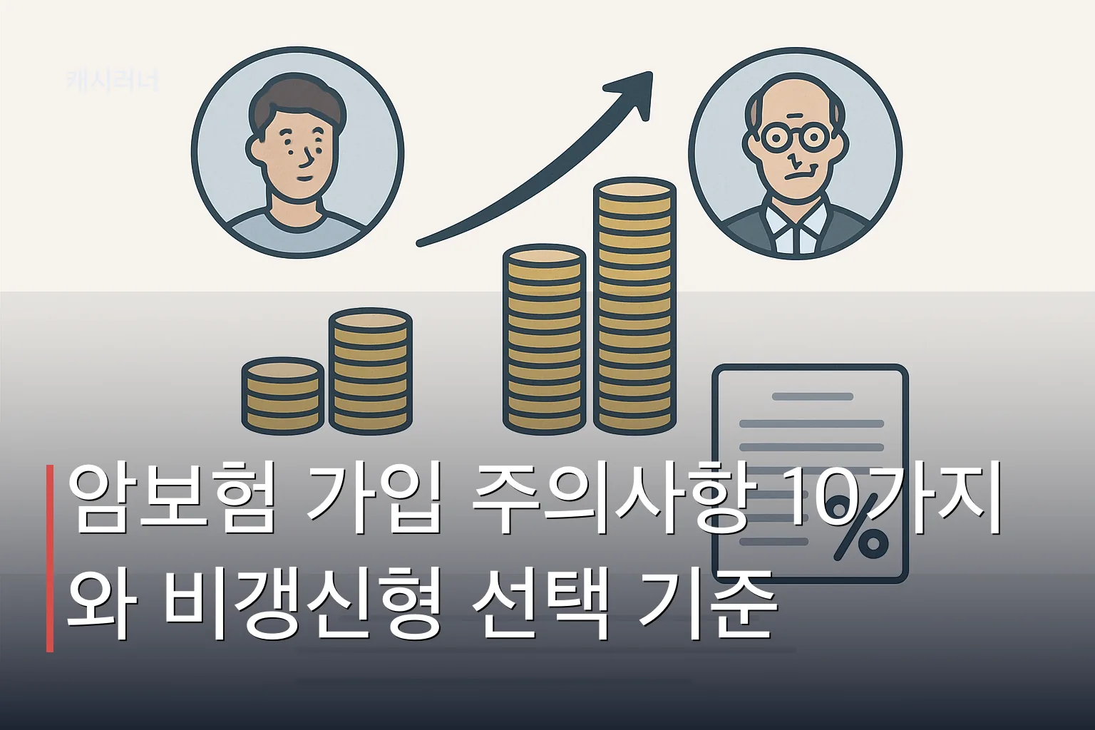 암보험 비교: 갱신형과 비갱신형의 보험료 상승 구조를 연령대별로 표현한 이미지