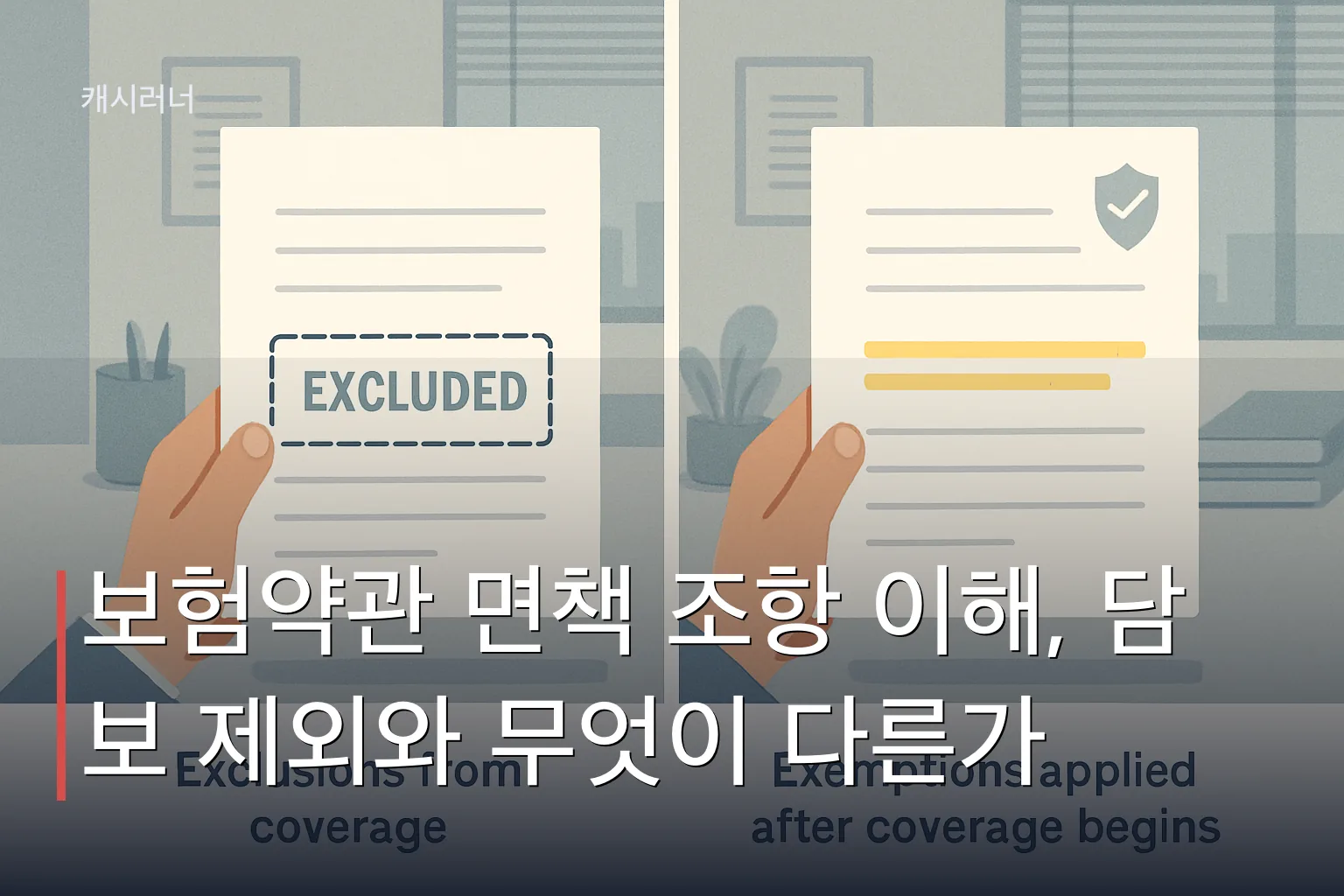 보험약관 면책 조항 이해: 담보 제외와 면책 사유를 구분하는 두 가지 계약서 비교 장면