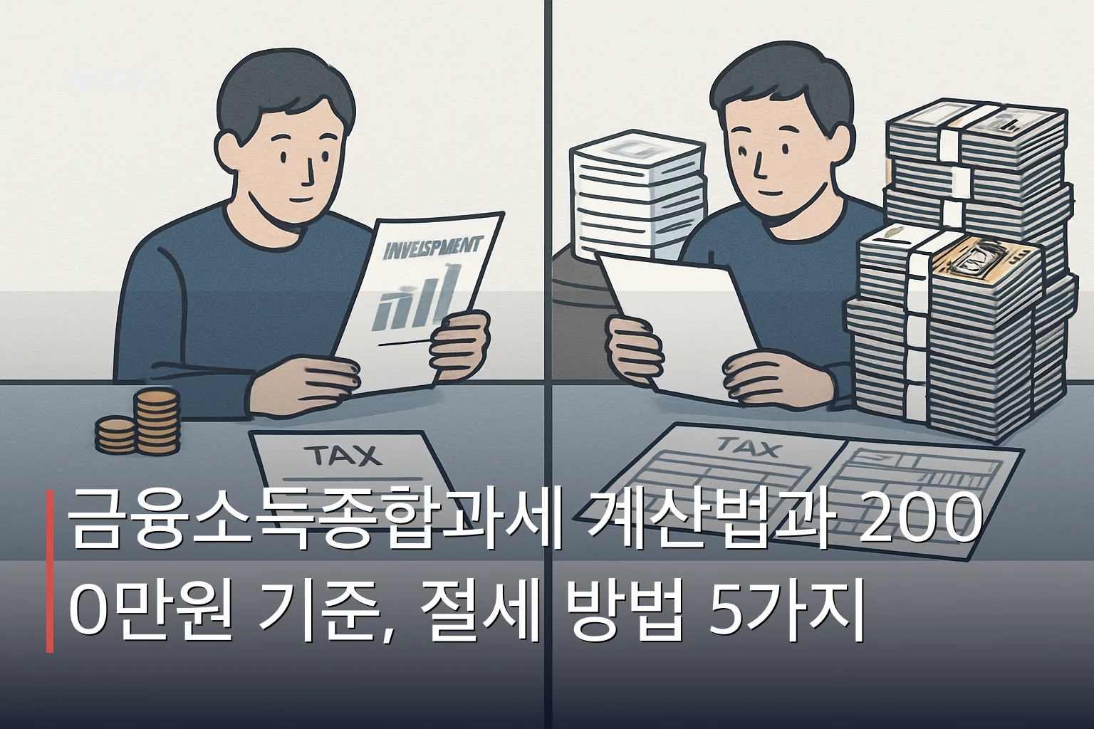 금융소득 2000만원 기준선을 기준으로 미만(왼쪽)과 초과(오른쪽) 시 세금 계산 구조의 차이를 비교한 일러스트