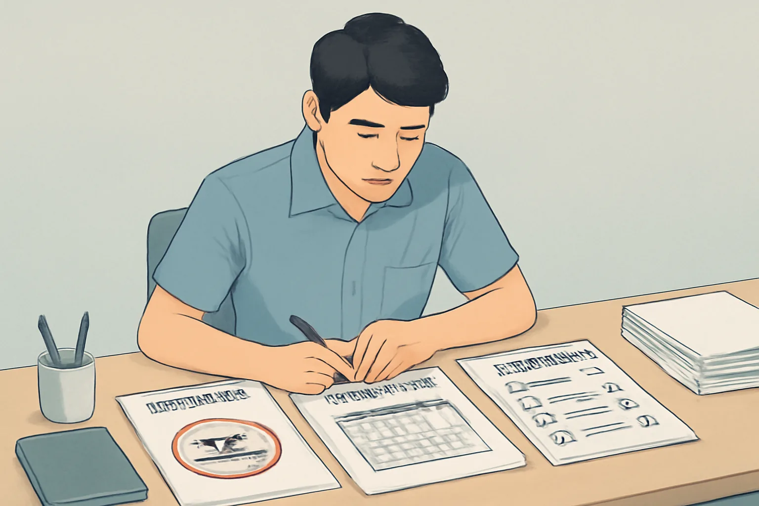 물놀이 보험 약관을 검토 중인 사람이 면책사항, 보험기간, 보장항목의 세 가지 조건을 확인하고 있는 모습