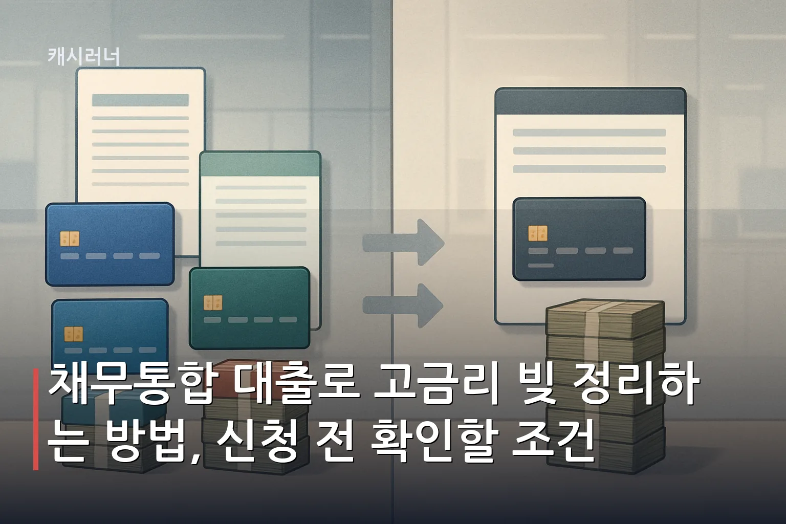 여러 금융사의 분산된 채무를 하나로 통합하는 채무통합 대출 과정을 보여주는 이미지