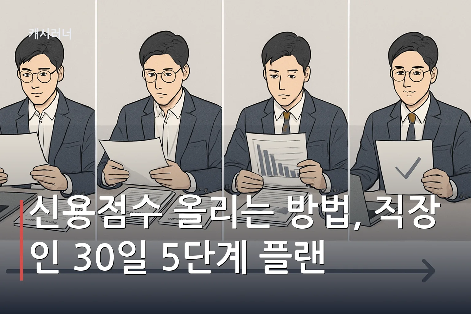 신용점수 올리는 방법을 단계별로 보여주는 직장인의 금융 관리 과정