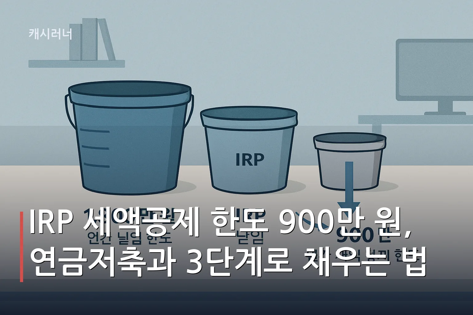 IRP 세액공제 한도 구조를 보여주는 이미지로, 연간 저축 한도 1,800만 원에서 실제 공제받을 수 있는 900만 원까지의 관계를 크기 비교로 표현했습니다.