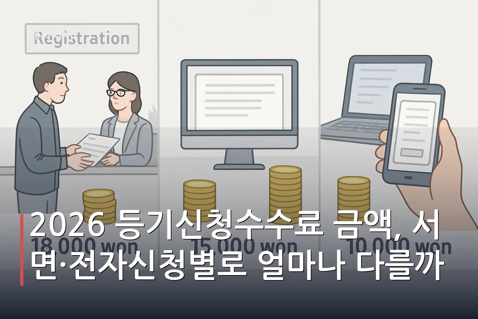 등기신청 방법 세 가지에 따른 등기신청수수료 금액 비교: 서면 방문 신청, 전자표준양식, 전자신청