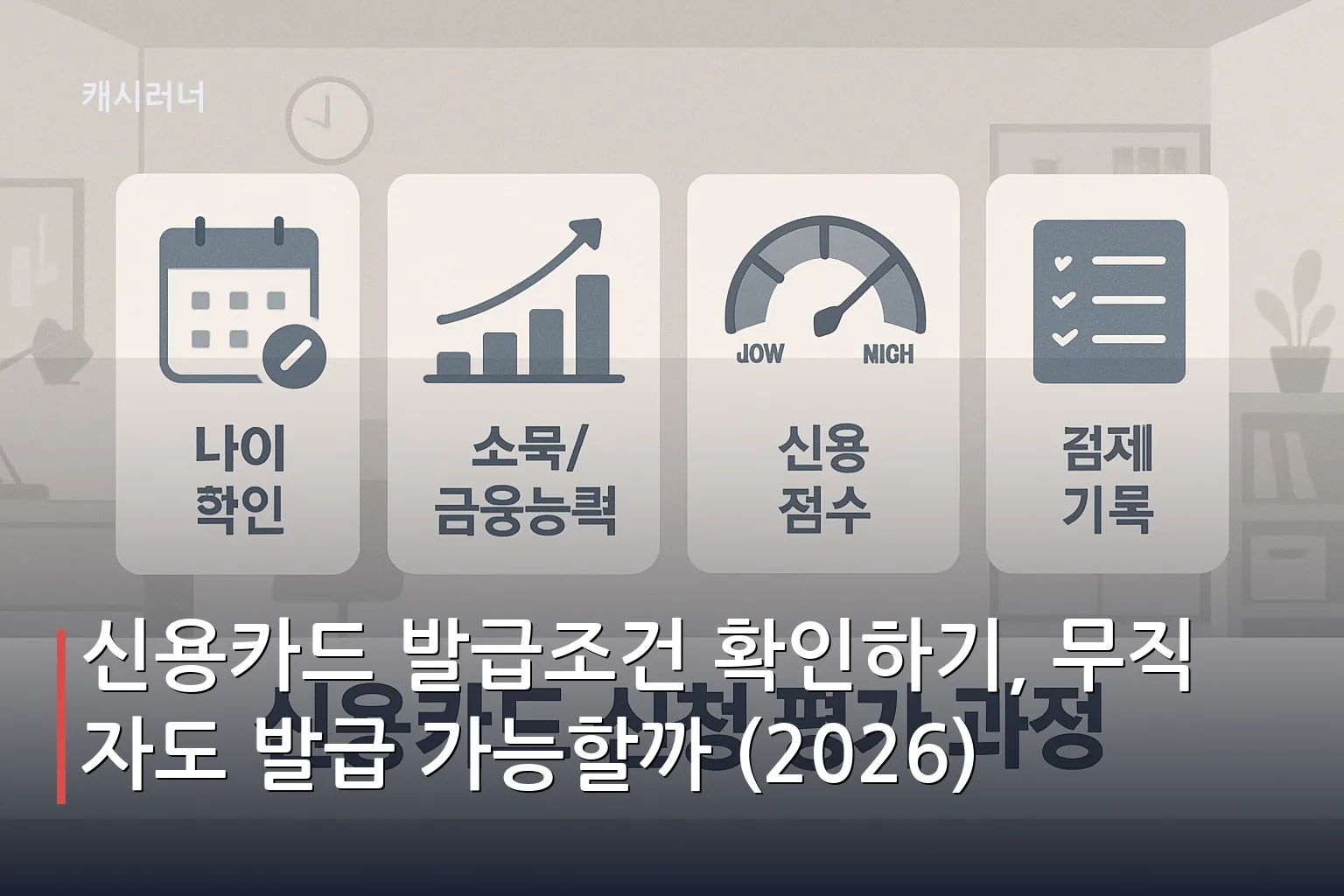신용카드 발급조건 심사에서 보는 나이, 소득, 신용점수, 연체 이력의 4가지 평가 항목을 단계별로 표현한 일러스트레이션