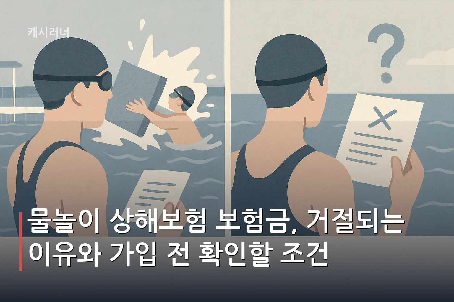 물놀이 중 사고를 입은 사람이 보험금 거절 통지서를 들고 있는 모습으로, 물놀이 상해보험의 보장 기준을 시각화한 이미지